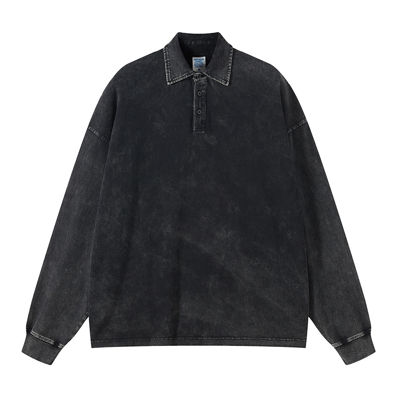 T-W23006 WASHED LONG SLEEVE POLO SHIRT